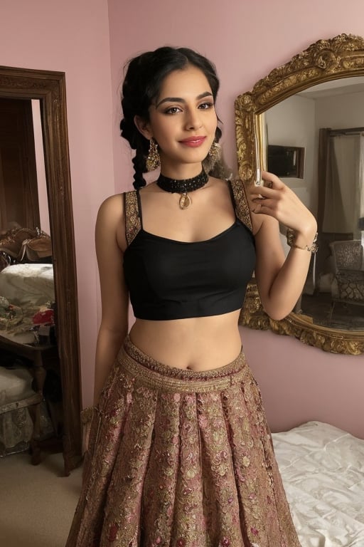 The image depicts a young woman in a traditional Indian attire, likely a black lehenga, which is a type of skirt. The outfit is black with gold detailing, and she has paired it with large, dangling earrings and a choker-style necklace. Her hair is styled in a braid, and she is wearing makeup that includes dark eyeliner and pink lipstick. She is smiling and appears to be posing for the photo. The background suggests an indoor setting, possibly a bedroom, indicated by the presence of a bed and a mirror reflecting her image. The lighting seems to be artificial, coming from a source outside the frame.,Extremely Realistic,photorealistic