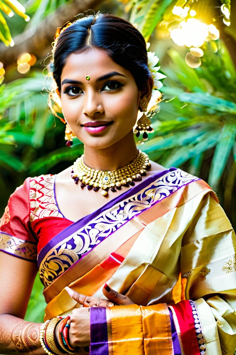 Create a captivating portrait of a traditional Indian beauty, featuring a stunning woman adorned with intricate henna designs on her hands, wearing a vibrant sari with golden embroidery. The lighting is soft and warm, highlighting her delicate features and expressive eyes. The composition focuses on her graceful pose, with a subtle smile and a serene expression. The background is a lush, colorful Indian garden, enhancing the rich cultural ambiance.