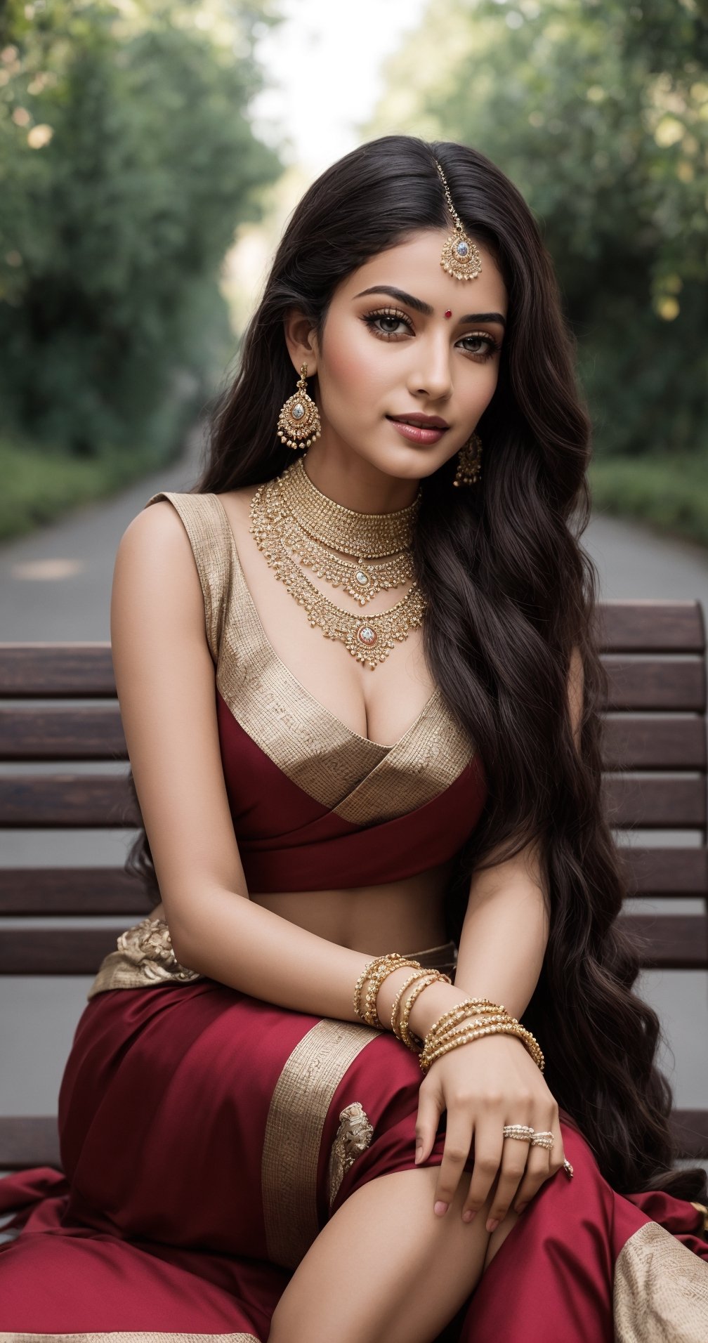 In a photorealistic masterpiece,27 years woman,  hot,  sexy,  indian,  model,  Instagram model,  influencer,  happy face, sharp jawline,  baby pink lips,  cute looking,  catty eyes,  best quality, full  body showing masterpiece,  beautiful and aesthetic,  behold the essence of a South Indian beauty, full Indian bride makeup, adorned in a  embroidering net saree , and a fragrant Mogra Gajra delicately entwined in her black, beautiful mehndi on hand, flowing tresses. She sitting on benches as a mesmerizing vision of elegance and grace, embodying the timeless allure of tradition, The intricate details of her skin, captured in high resolution, reveal the gentle pores and flawless complexion, as if painted with the finest strokes of an artist's brush. The sunlight of the sunset time gently leaks through the edges, casting a real soft glow on her figure, while the background is clear, creating a depth of field that accentuates her beauty, She walks near London Bridge, a harmonious fusion of cultures, embodying the spirit of global unity. Her alluring pose exudes seductive charm, while her absolute cleavage and jewellry add a touch of opulence and allure, mature women, mature body, mature breast, big boobs, enlarge breast, mature buts, enlarge buts, hot cleavage, sexy cleavage,In this photorealistic shot, every thread of the saree, every petal of the Mogra Gajra, full body sitting on bench, and every strand of her long black hair are finely detailed, capturing the essence of her being with impeccable precision, This shot, captured on a Sony a7 IV with a 135mm f1.8 lens, stands as a testament to the fusion of modern technology and timeless tradition, a celebration of the harmonious blend of past and present, As she looks back at the viewer, her eyes speak of a thousand stories, drawing us into her world of elegance and allure. In her full-body view, she exudes an enchanting aura, with a random pose that reflects the spontaneity of life's beauty, This portrayal captures the emotional essence of a South Indian beauty adorned in the finest saree, red_saree,  Full length view,  Straight brown hair with blunt bangs,  a beautiful indian women,  Pale skin,  icy eyeshadow,  gold necklace,  breast size 60,  Weast size 50, butts size 65 femme fatale, open full body showing full sexy body, wearing no Blouse to cover big boobs, hot sleeveless blouse, half covered breast by sexy bra, hot and sexy boobs, full body, where the richness of culture meets the marvels of technology, resulting in a work of art that touches the heart and soul,full body , :)