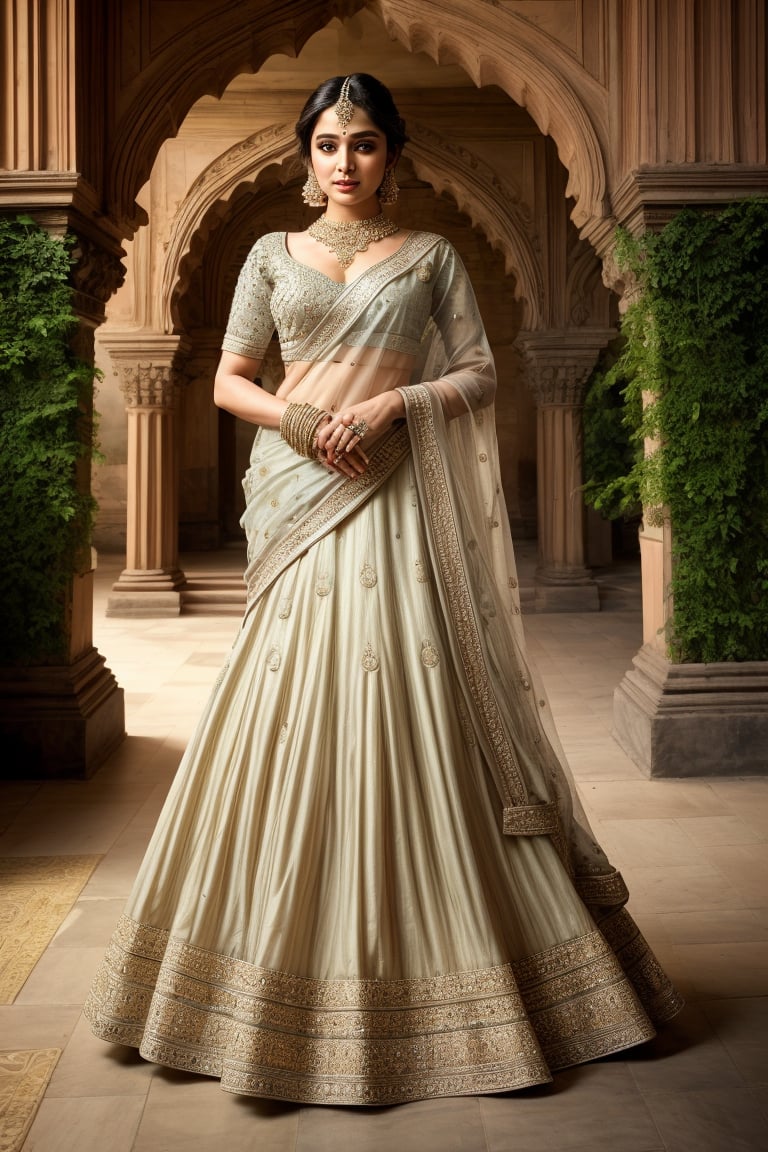 A grand, ornate palace with intricate stone carvings and lush greenery surrounds the majestic Bollywood actress, resplendent in a shimmering golden lehenga that catches the warm, soft light of sunset. Her regal pose is framed by ornate archways and lavish drapes, as she showcases her stunning ornate jewelry adorning her neck and hands, exuding confidence and elegance.