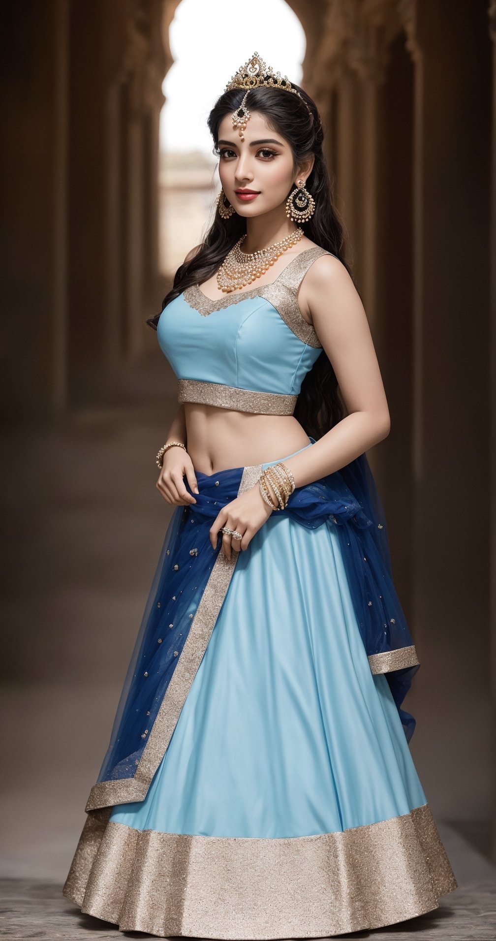 In a photorealistic masterpiece,27 years woman,  hot,  sexy,  indian,  model,  Instagram model,  influencer,  happy face, sharp jawline,  baby pink lips,  cute looking,  catty eyes,  best quality, full  body showing masterpiece with Self Design Semi Stitched Lehenga Choli (sky blue),  beautiful and aesthetic,  behold the essence of a South Indian beauty, adorned in a traditional Self Design Semi Stitched Lehenga Choli (sky blue) graced with a golden pearl strip, and flowing tresses. She standing as a mesmerizing vision of elegance and grace, embodying the timeless allure of tradition, The intricate details of her skin, captured in high resolution, reveal the gentle pores and flawless complexion, as if painted with the finest strokes of an artist's brush. The sunlight of the sunset time gently leaks through the edges, casting a soft glow on her figure, while the background fully clear creating a depth of field that accentuates her beauty, She standing near Indian fort, a harmonious fusion of cultures, embodying the spirit of global unity. Her alluring pose exudes seductive charm, while her absolute u shape sleeveless cleavage and full body jewellry add a touch of opulence and allure, mature girl, mature body, mature breast, big boobs, enlarge breast, mature buts, enlarge buts, hot u shapesleeveless cleavage, sexy cleavage,In this photorealistic shot, every thread of the Floral Print, Self Design Semi Stitched Lehenga Choli (sky blue),  full body standing up in fort, and every strand of her long black hair are finely detailed, capturing the essence of her being with impeccable precision, This shot, captured on a Sony a7 IV with a 135mm f1.8 lens, stands as a testament to the fusion of modern technology and timeless tradition, a celebration of the harmonious blend of past and present, As she looks back at the viewer, her eyes speak of a thousand stories, drawing us into her world of elegance and allure. In her full-body view, she exudes an enchanting aura, with a random pose that reflects the spontaneity of life's beauty, This portrayal captures the emotional essence of Indian beauty adorned in the finest Self Design Semi Stitched Lehenga Choli (sky blue), Self Design Semi Stitched Lehenga Choli (sky blue) Full length view,  Straight brown hair,  a beautiful indian girl,  Pale skin,  icy eyeshadow,  gold necklace,  breast size 55,  Weast size 45, butts size 70 femme fatale, showing full sexy body, wearing u shape neck sleeveless Blouse ,full body, indian,indian women,indian young women, pale white clear skin,beautiful women, ultra realistic,detailed face,full body, normal faces, vivid detail, bright sunshine on body, young mature, fellatio, hetero, perfect body, big breast, big ass, puffy nipples, where the richness of culture meets the marvels of technology, resulting in a work of art that touches the heart and soul,full body, shapely body, hot body, big breast, milkey boobs, big buts, looks beautiful in self Design Semi Stitched Lehenga Choli (sky blue) , sexy side view:)