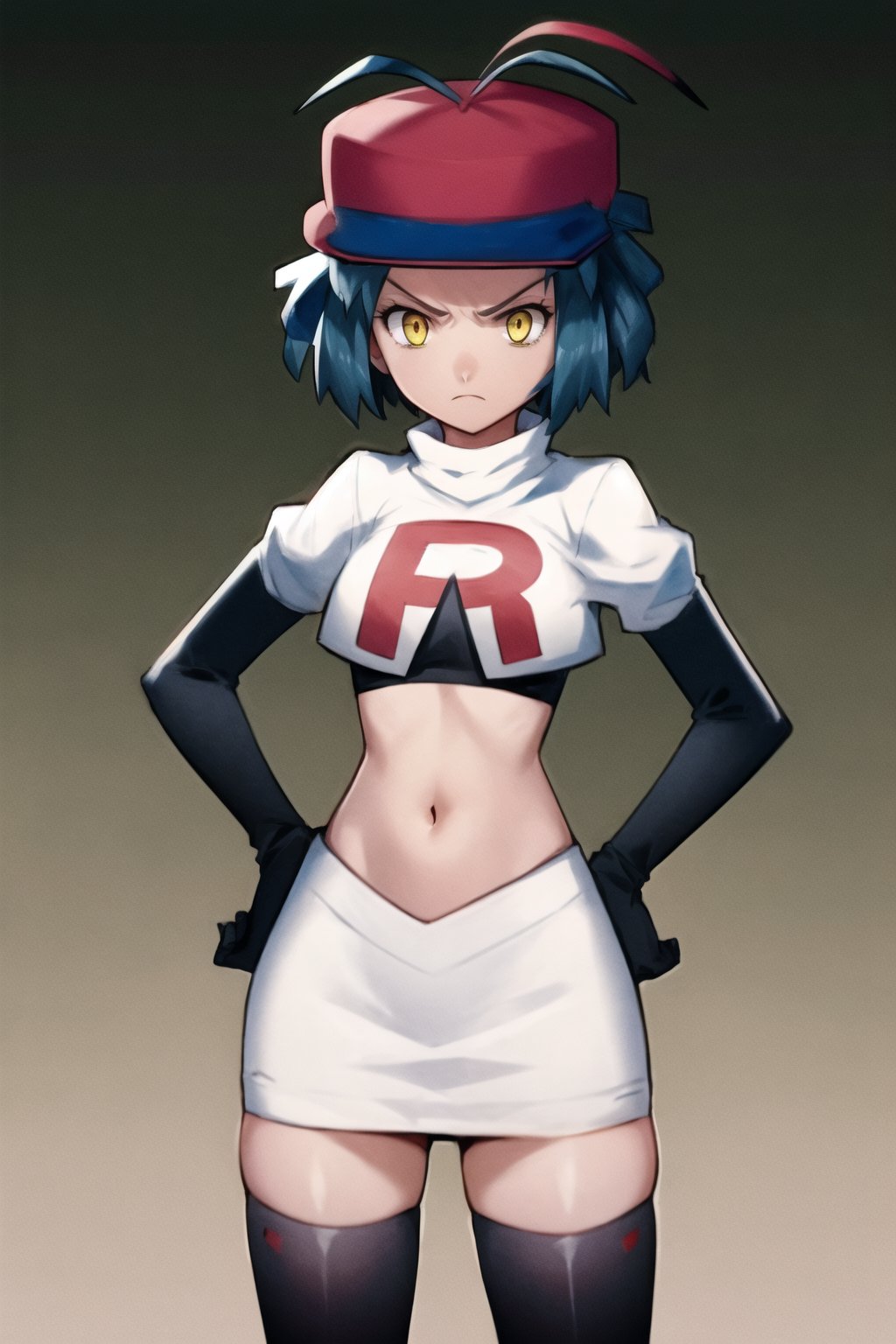 Team Rocket, cropped jacket, white jacket, crop top, jacket, gloves, black gloves, elbow gloves, navel, midriff, white skirt, miniskirt, skirt, black thighhighs, looking down at viewer,(intricately detailed, hyperdetailed), blurry background,depth of field, best quality, masterpiece, intricate details, tonemapping, sharp focus, hyper detailed, trending on Artstation,1 girl, high res, official art,hands on hips,glaring angrily,Millium Orion, blue hair, short hair, antenna hair, ahoge, yellow eyes,black hat, headwear