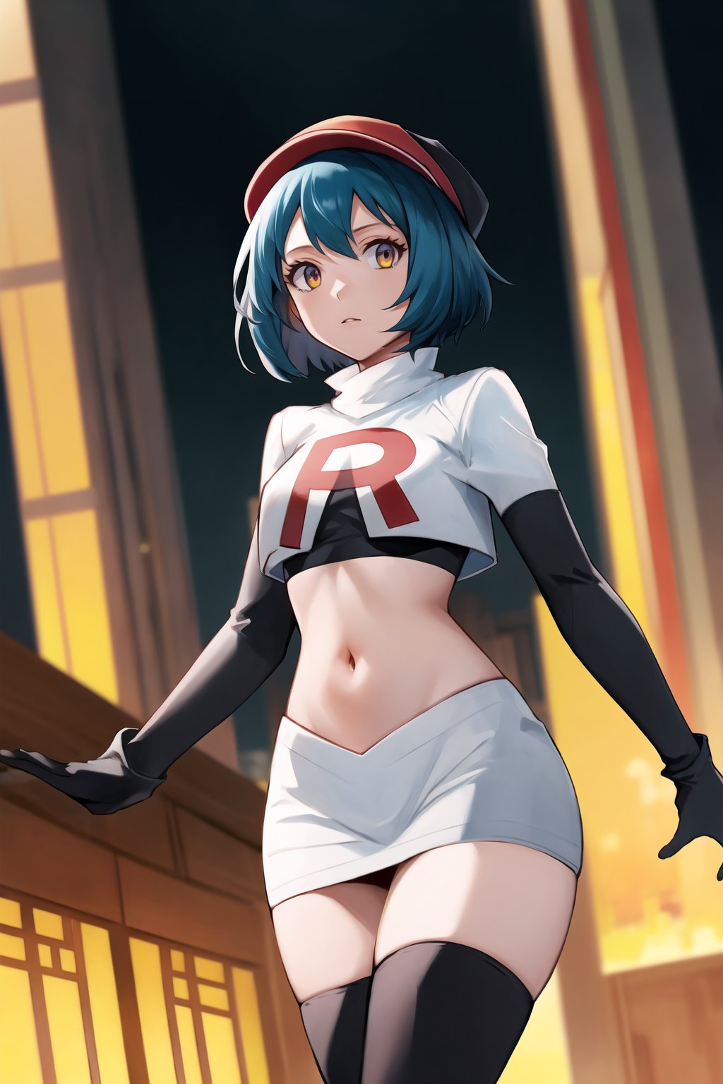 (best quality), (highly detailed), masterpiece, (official art), Team Rocket, cropped jacket, white jacket, crop top, jacket, gloves, black gloves, elbow gloves, navel, midriff, white skirt, miniskirt, skirt, black thighhighs,, looking at viewer, china, asiática, city, night, sky, (intricately detailed, hyperdetailed), blurry background,depth of field, best quality, masterpiece, intricate details, tonemapping, sharp focus, hyper detailed, trending on Artstation,1 girl, high res, official art, Millium Orion,