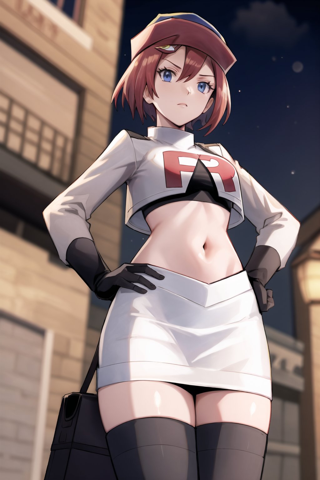 Team Rocket, cropped jacket, white jacket, crop top, jacket, gloves, black gloves, elbow gloves, navel, midriff, white skirt, miniskirt, skirt, black thighhighs,looking down at viewer, china, asiática, city, night, sky, (intricately detailed, hyperdetailed), blurry background,depth of field, best quality, masterpiece, intricate details, tonemapping, sharp focus, hyper detailed, trending on Artstation,1 girl, high res, official art,glaring angrily,hands on hips,EMILY,garrison_cap