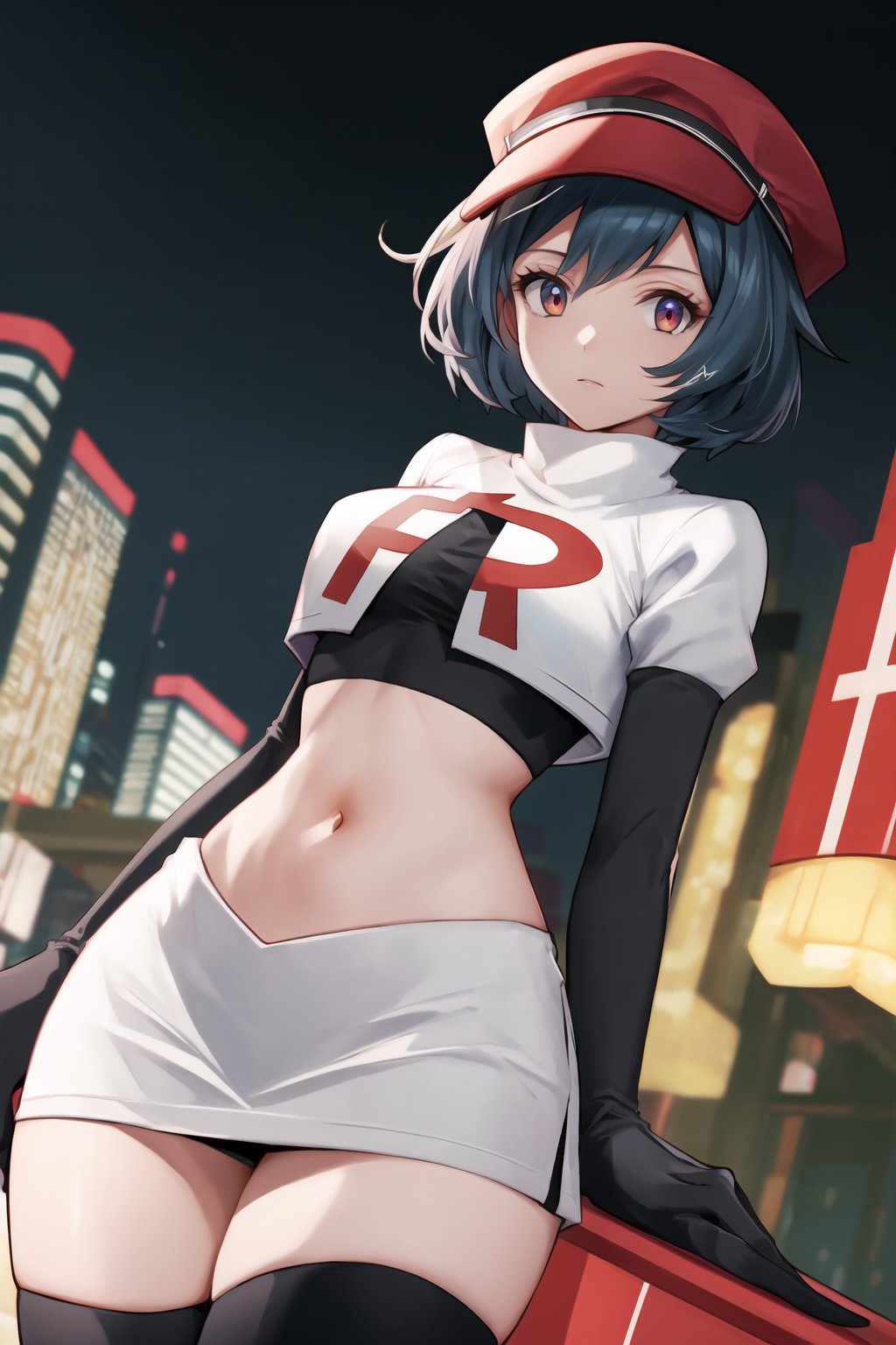 (best quality), (highly detailed), masterpiece, (official art), Team Rocket, cropped jacket, white jacket, crop top, jacket, gloves, black gloves, elbow gloves, navel, midriff, white skirt, miniskirt, skirt, black thighhighs,, looking at viewer, china, asiática, city, night, sky, (intricately detailed, hyperdetailed), blurry background,depth of field, best quality, masterpiece, intricate details, tonemapping, sharp focus, hyper detailed, trending on Artstation,1 girl, high res, official art, Millium Orion,