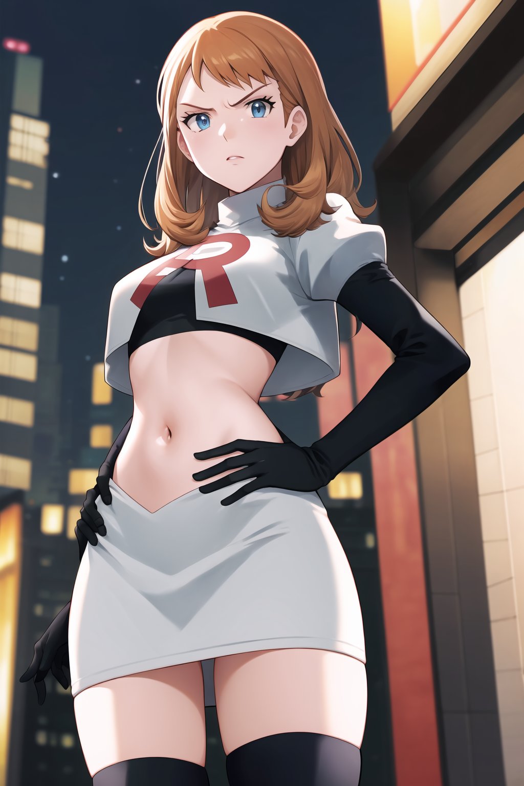 Team Rocket, cropped jacket, white jacket, crop top, jacket, gloves, black gloves, elbow gloves, navel, midriff, white skirt, miniskirt, skirt, black thighhighs,looking down at viewer, china, asiática, city, night, sky, (intricately detailed, hyperdetailed), blurry background,depth of field, best quality, masterpiece, intricate details, tonemapping, sharp focus, hyper detailed, trending on Artstation,1 girl, high res, official art,glaring angrily,hands on hips,annette_war