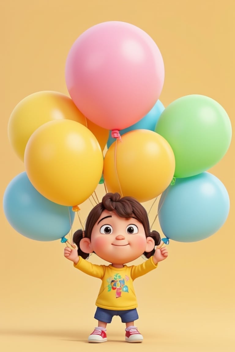 generate 3d rendered image of a cute kid holding in hand 5 colorful ballons. The shape of the ballons should be identical. The main focus of the scene is the ballons stack. The image should be colorful and targeted audience should be toddlers and preschoolers.