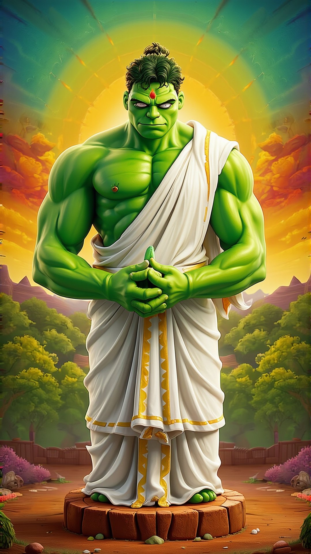 Superhero hulk is in white Indian kurtha and doing meditation in calm and peace with relaxed face