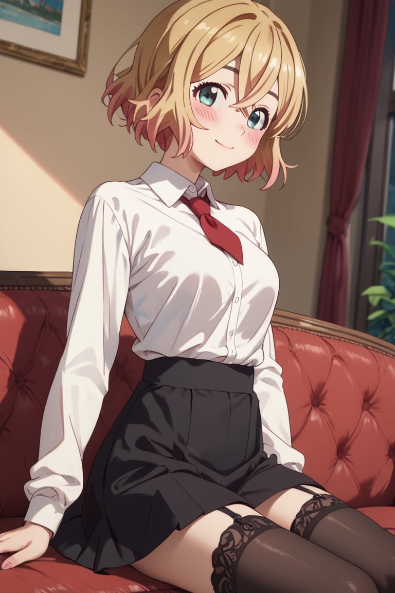 score_9, score_8_up, score_7_up, score_6_up,mami nanami,short hair,aqua eyes, blonde hair,hair between eyes, white shirt, red tie, black skirt, black thighhighs, smile, blush, couch, room, garter_belt