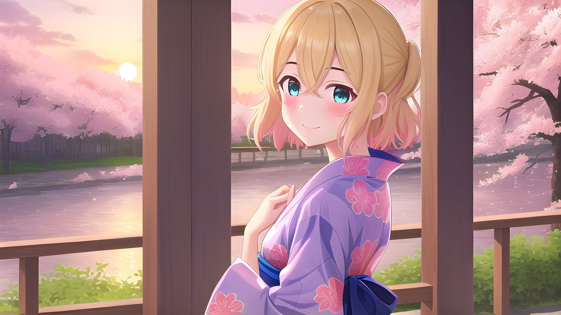 masterpiece, best_quality, (1girl), solo, mami_nanami, short_hair,  blonde_hair, hair_between_eyes, aqua_eyes, sunset, short_yukata, blush, smile, closed_mouth, in spring,cherry blosssom, park_background,