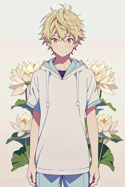 masterpiece, best quality, high quality, , yukine, 1boy, solo, male focus, (background solid color white) oufit casual, small lotus flower en background 