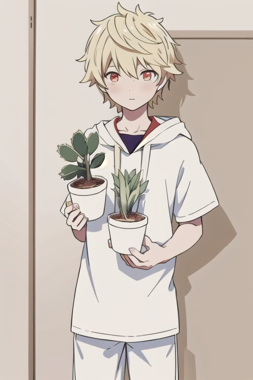 masterpiece, best quality, high quality, (yukine), 1boy, solo, male focus, ((background solid color white)) oufit casual, a Small succulent plant in one hand,