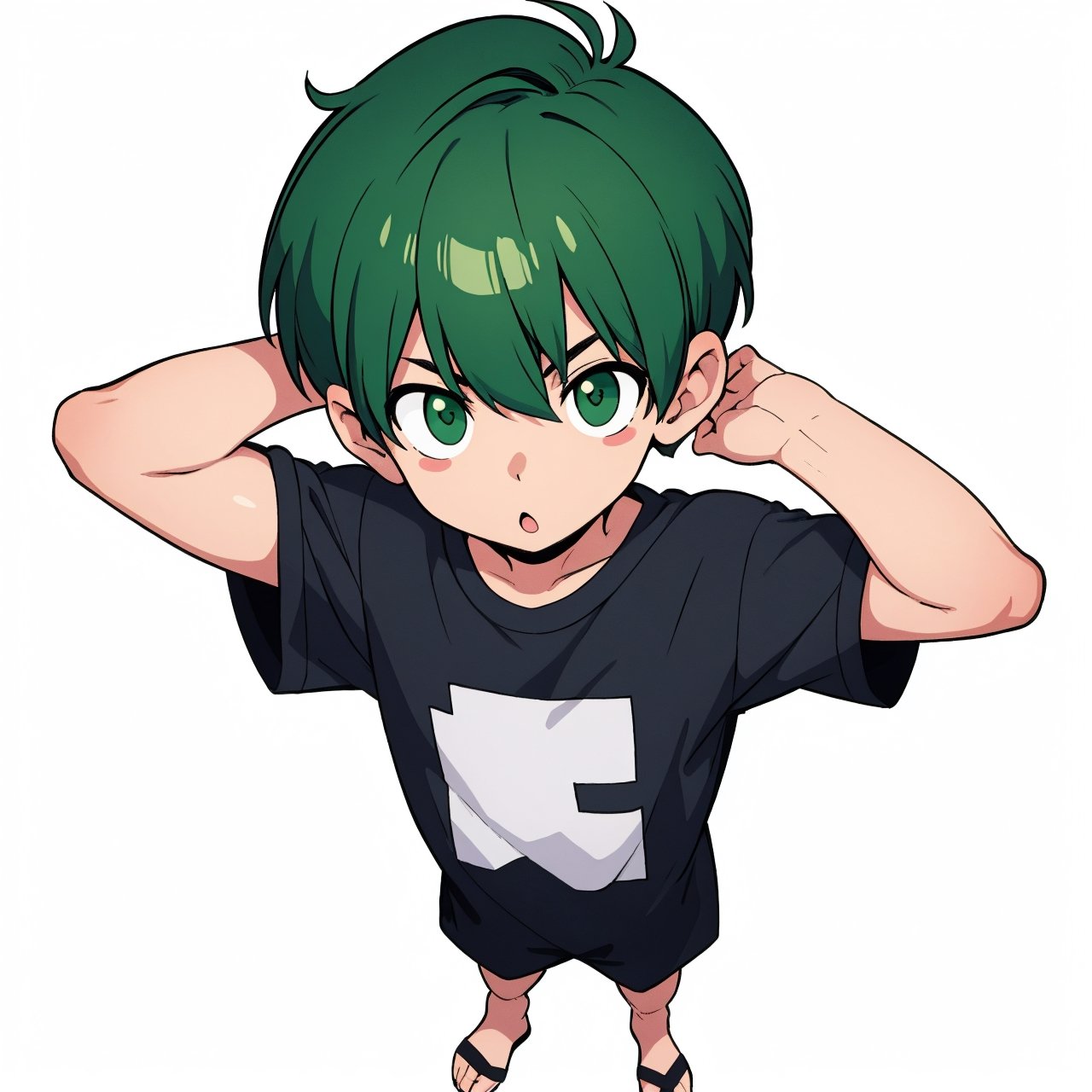 solid white background, no details, no objects, (1boy:0.5 ), hair green,short hair:0.6, T-shirt with no details or stickers, full body