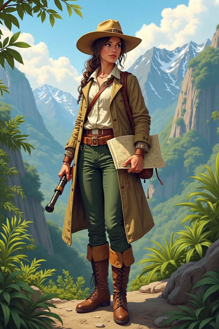 A female adventurer set in the 19th century. She has an air of dignity and wears a practical yet stylish adventurer's outf...