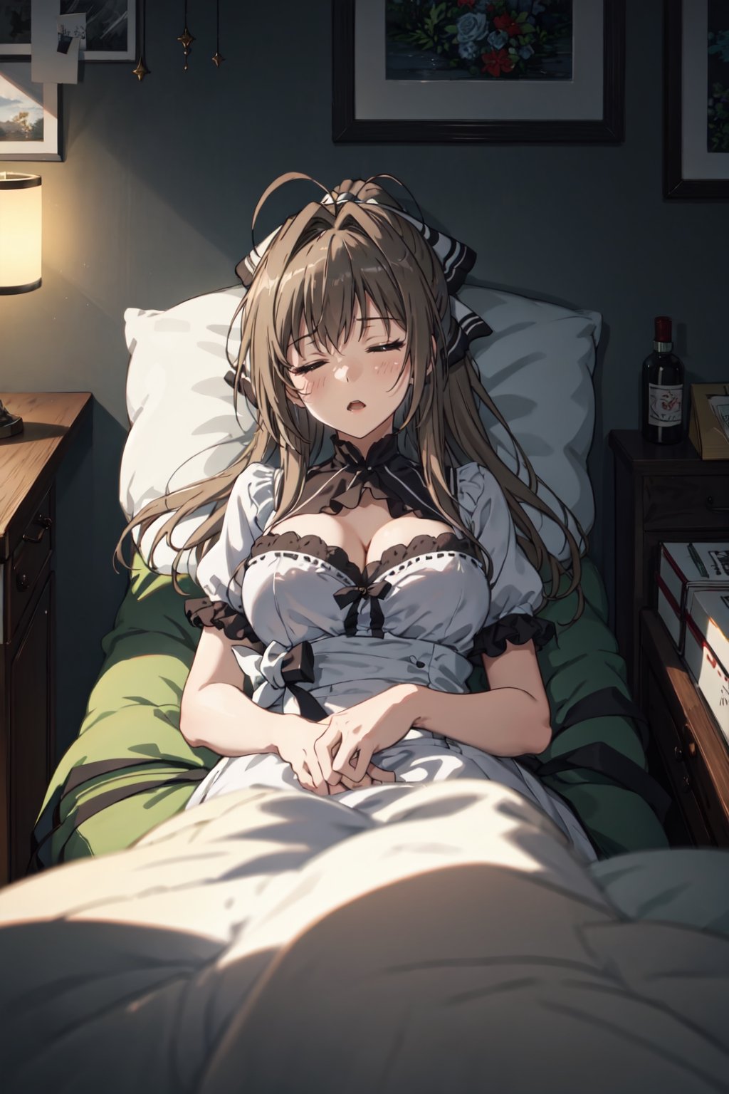 best quality, (masterpiece:1.2), 8K, highly detailed, indoors, girl's room, 1girl, solo, sento isuzu, hourglass body, open mouth, brown hair, long hair, antenna hair, ponytail, closed eyes, blush, white collared shirt, large breast, cleavage, 
 in the bed, (sleeping:1.6), (pleasant expression), 
looking down from above, intricate detaled, in the dark, moonlight, ambient lighting, dynamic light, deep shadow, well-balanced composition, 