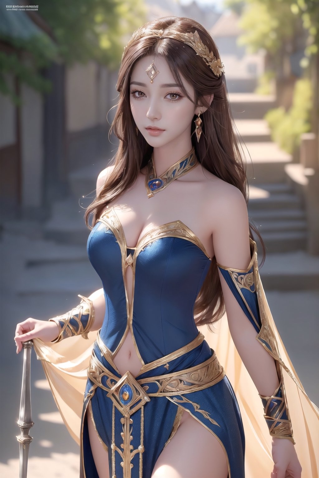 photorealistic, high resolution, masterpiece, 8K, best quality, raw photo, 1girl, (((adorable, lovely, pretty))), 18yo, narrow body, hourglass body, medium breasts, thin waist, flat belly,  beutyfull thighs,  beutyfull legs, (theme-fantasy), (brave warrior's costumes:1.4), (female sorceress), long hair, brown hair, brown eyes, eyeliner, long eyelashes, alluring face, upturned  eyes, natural maked face, flirtatious glance, diamond earring's, (Ruined Village), outdoor, daylight,  looking at viewer, from above, (be approaching), dynamic lighting, low key, intricate detail, detailed skin,  detaled face, pore, highres, hdr