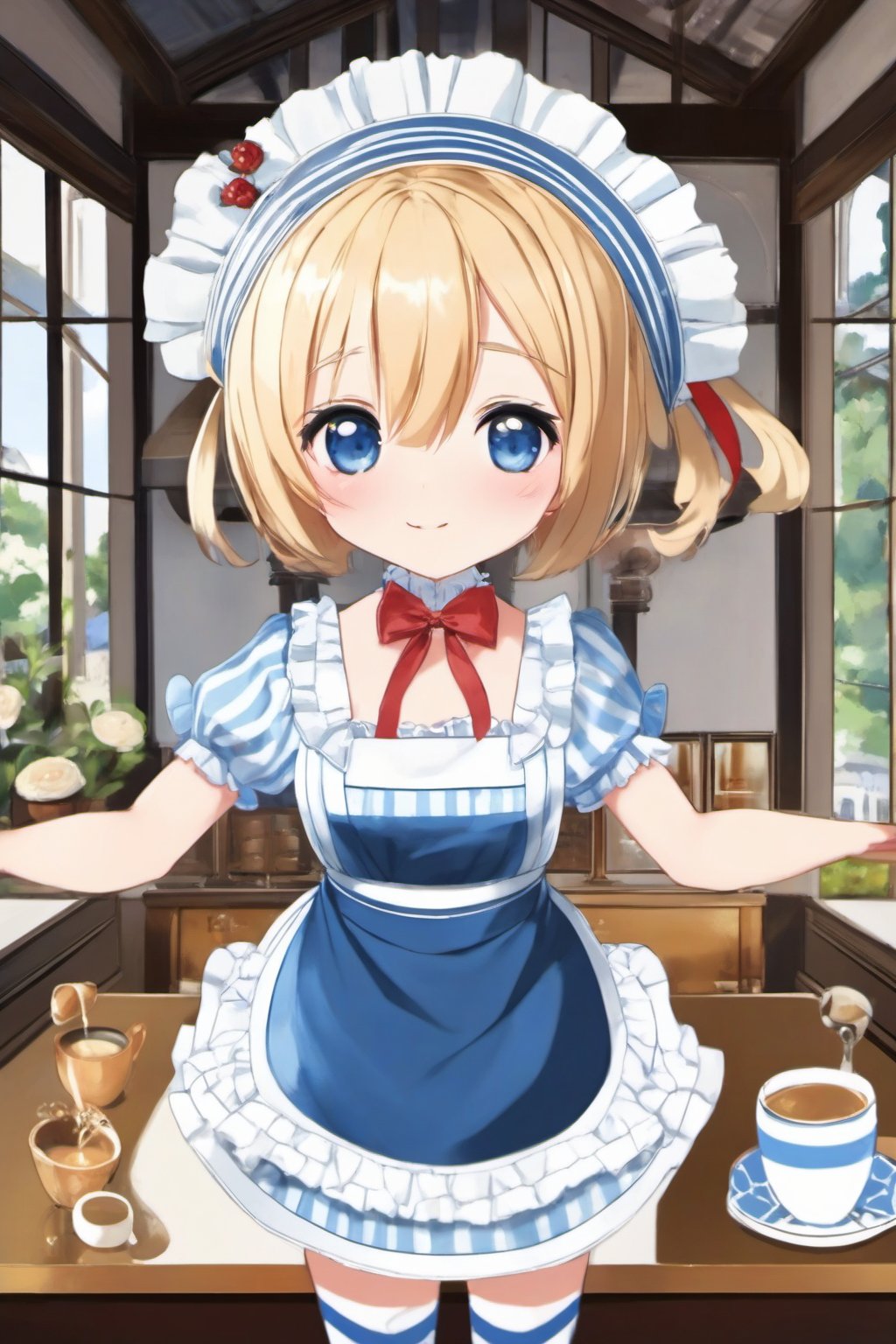 masterpiece, best quality, highres, 1girl, solo, short hair, blonde hair, blue eyes, maid headdress, neck ribbon, frills, vertical-striped dress, blue dress, short sleeves, white apron, black pantyhose,  cafe, indoors, standing, holding tray, 