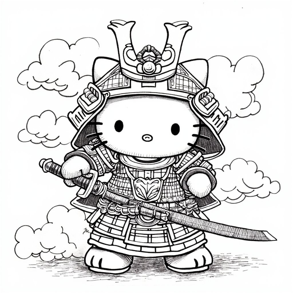 a brave warrior-style Hello Kitty, covered in armor, waving a sword at the camera,ukiyoe,ink,colorful,samurai,shogun,katana,scene,b&w,amaterasu