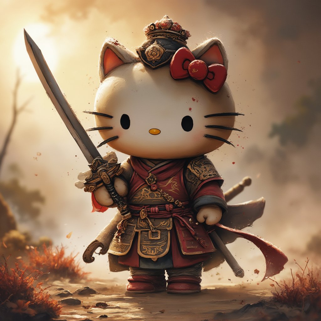 A close-up shot of a dust-covered, stoic Brave Hello Kitty warrior, clad in intricately illustrated Chinese armor, waves a mighty sword with determination. The worn, earthy tones of the setting sun cast long shadows on the misty terrain as Hello Kitty stands proudly, her whiskers twitching with grit, chinese ink drawing