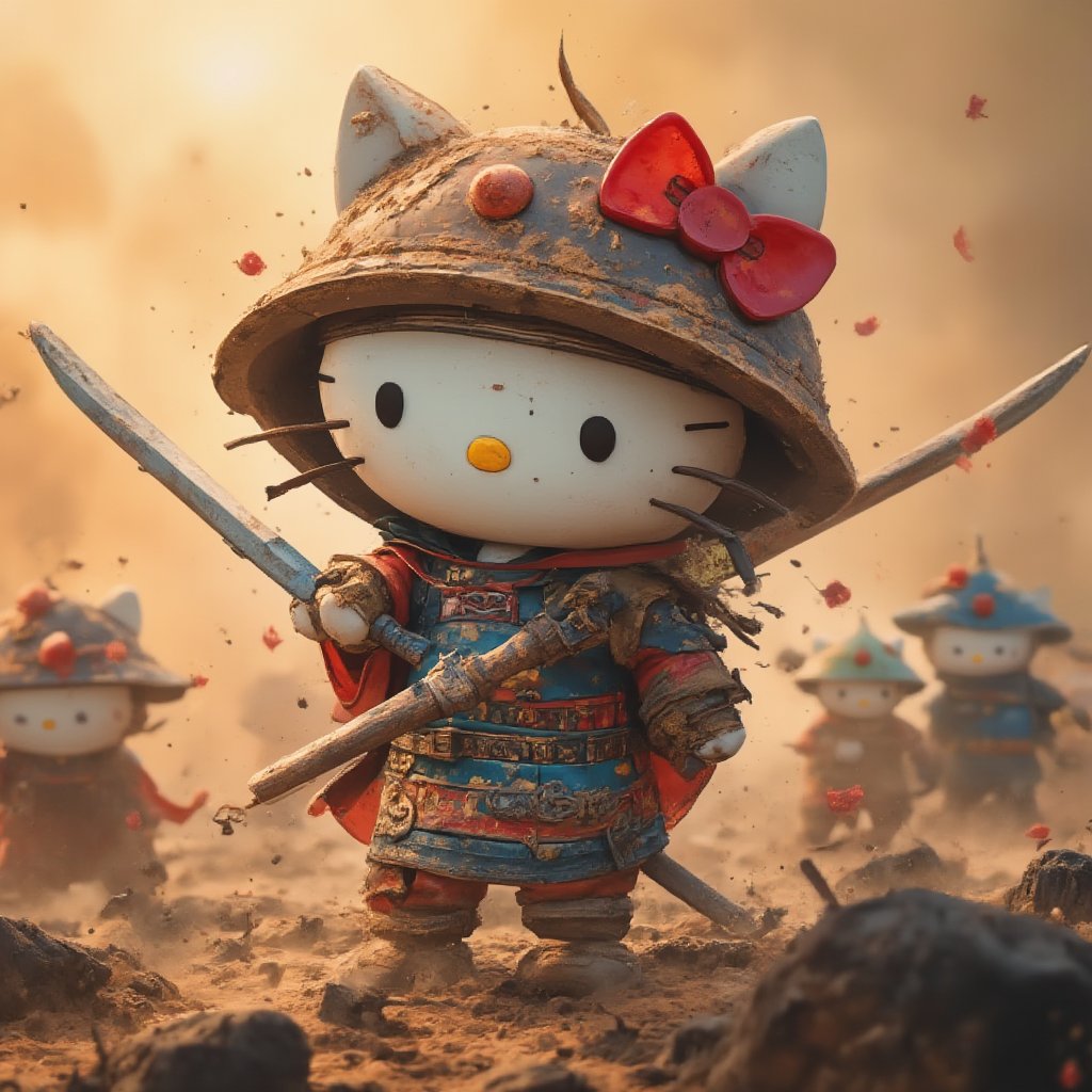 A close-up shot of a dust-covered, stoic Brave Hello Kitty warrior, clad in intricately illustrated Chinese armor, waves a mighty sword with determination. The worn, earthy tones of the setting sun cast long shadows on the misty terrain as Hello Kitty stands proudly, her whiskers twitching with grit, chinese ink drawing