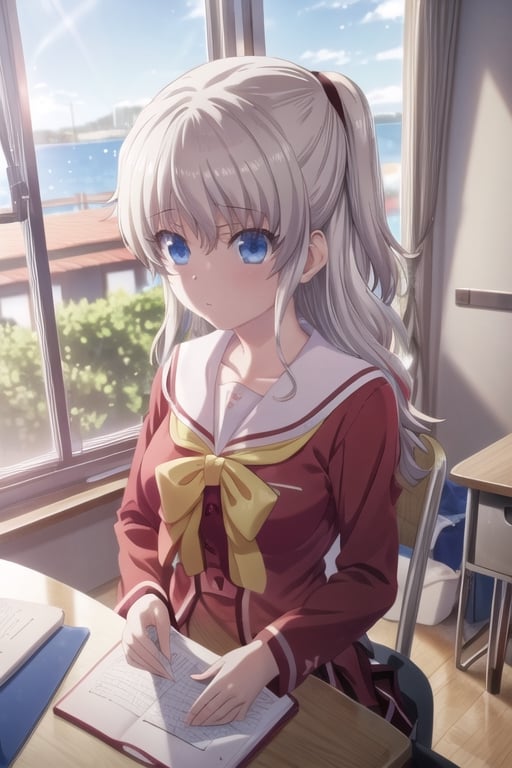 (((picture perfect))), (absurdres), 1girl, solo, , nao tomori, school uniform, serafuku, red shirt, looking at viewer, classroom, window, light leaks, fellatio, paizuri, oral, uncensored, large breasts, large penis, hetero, 1boy, white hair,  nude