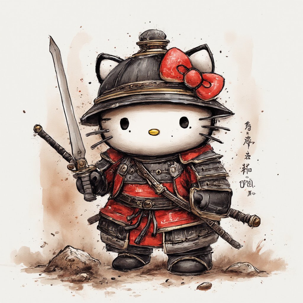 chinese ink drawing, a dusty brave Chinese warrior-style Hello Kitty, covered in armor, waving a sword