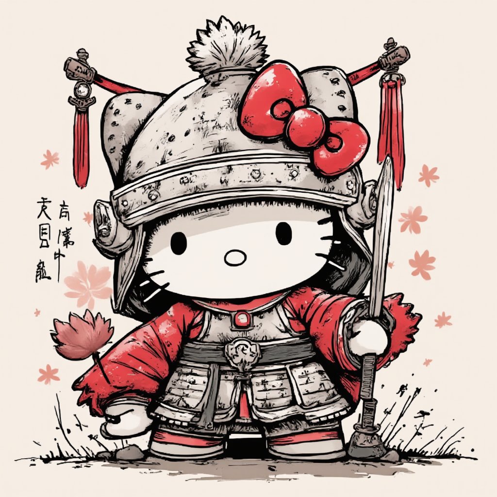 a brave Chinese warrior-style Hello Kitty, covered in armor, waving a sword at the camera,chinese ink drawing