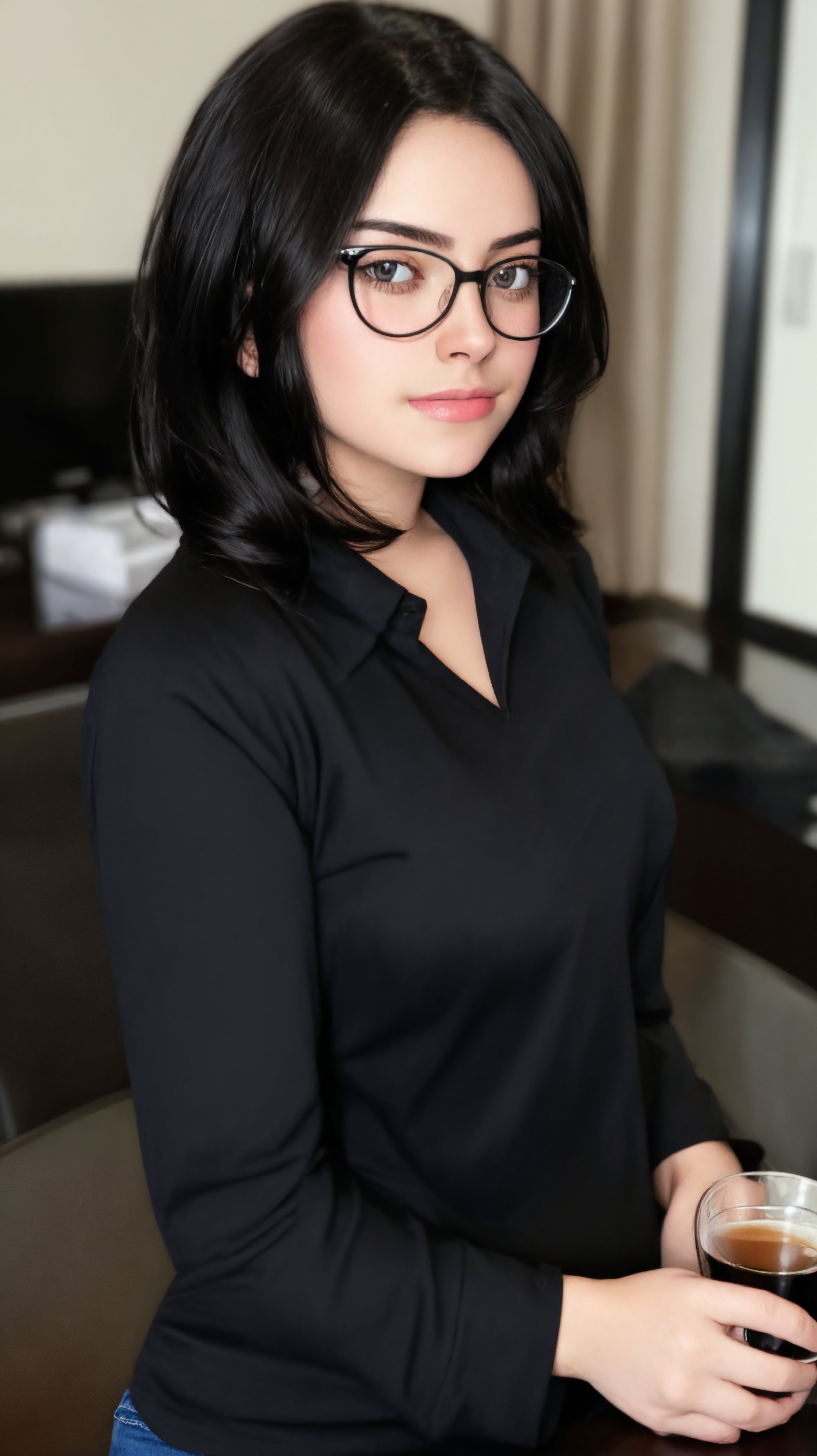 1girl, solo, looking at viewer, short hair, shirt, black hair, holding, sitting, short sleeves, glasses, indoors, black eyes, cup, lips, gun, black shirt, table, drinking glass, realistic