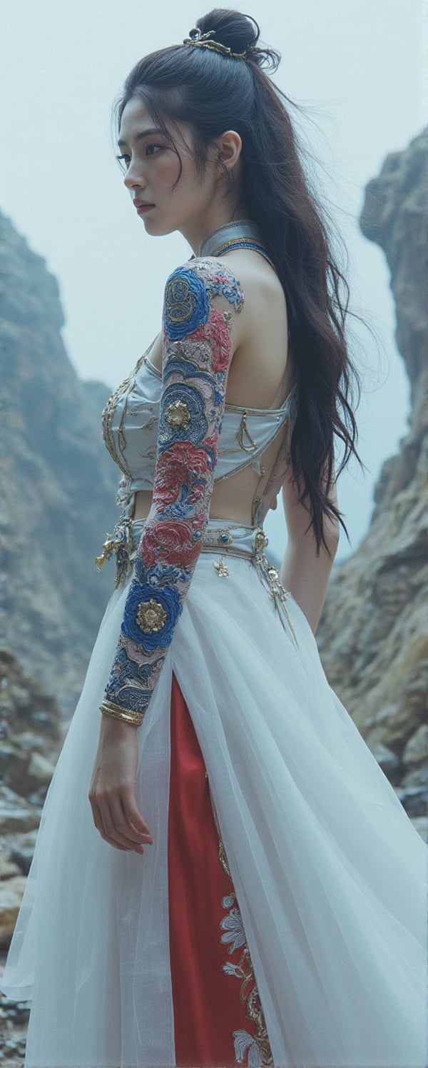 South Korea as an asiatic League of Legend sexy female creature principally in white, with a blue and carmine red ying yang somewere and black taeguks. Intricated clothing. Cinematic Fantasy sci-fi landscape background