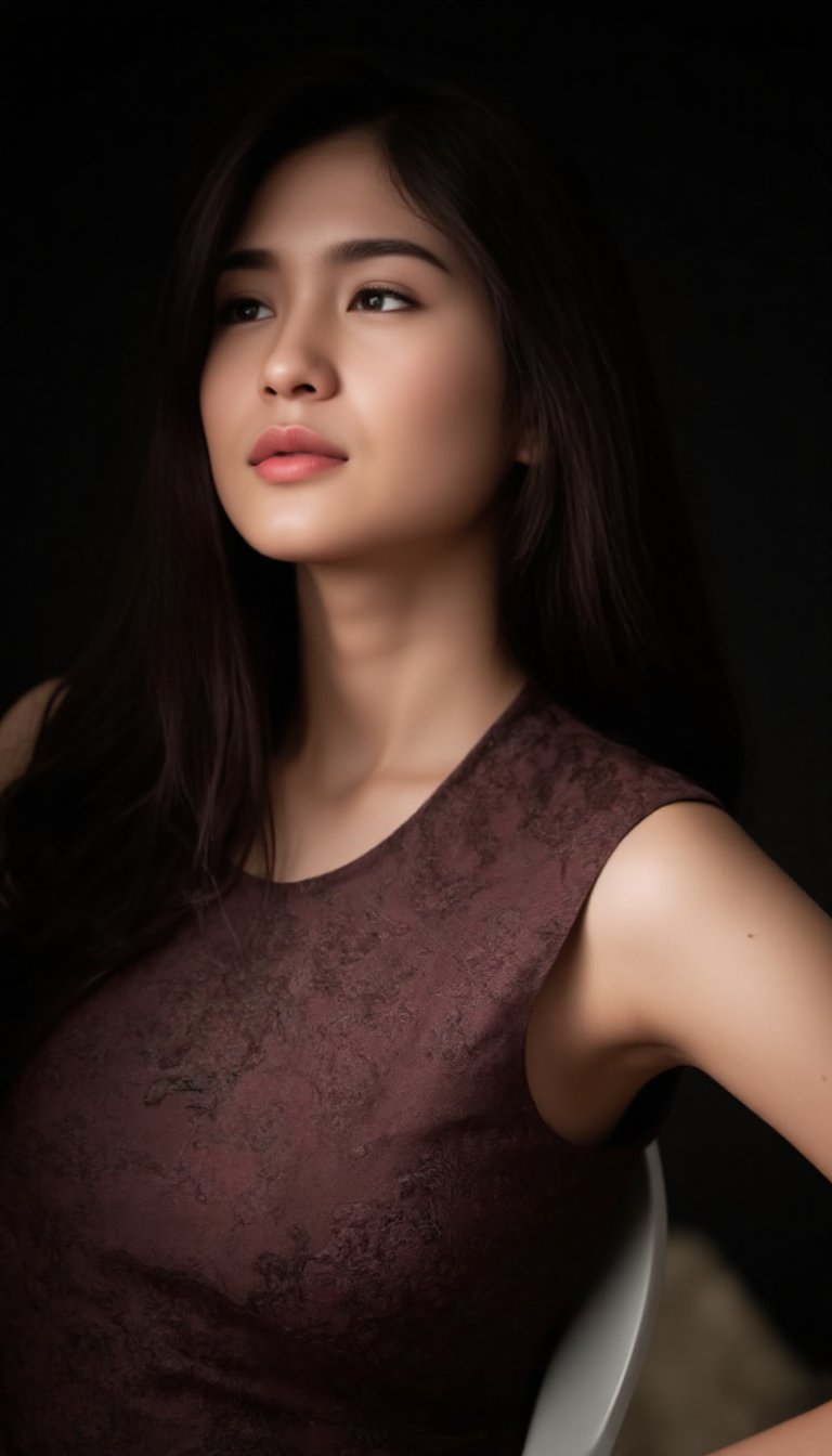 a young woman with long dark brown hair, beautiful young woman wearing fabric dress, dark background, perfect lighting