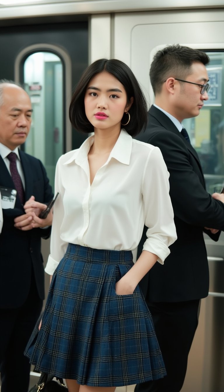 A young woman stands confidently in front of a subway train, dressed in a crisp white blouse and blue plaid skirt. She holds a black purse in her left hand, her arm resting on her hip. Her sleek bobbed hair shines, complemented by pink lipstick and gold hoop earrings. To her right, a businessman checks his phone, dressed in a dark suit with a white shirt. His short haircut and glasses add to his professional demeanor. Nearby, another man stands with arms crossed, his serious expression contrasting with the woman's radiant confidence.