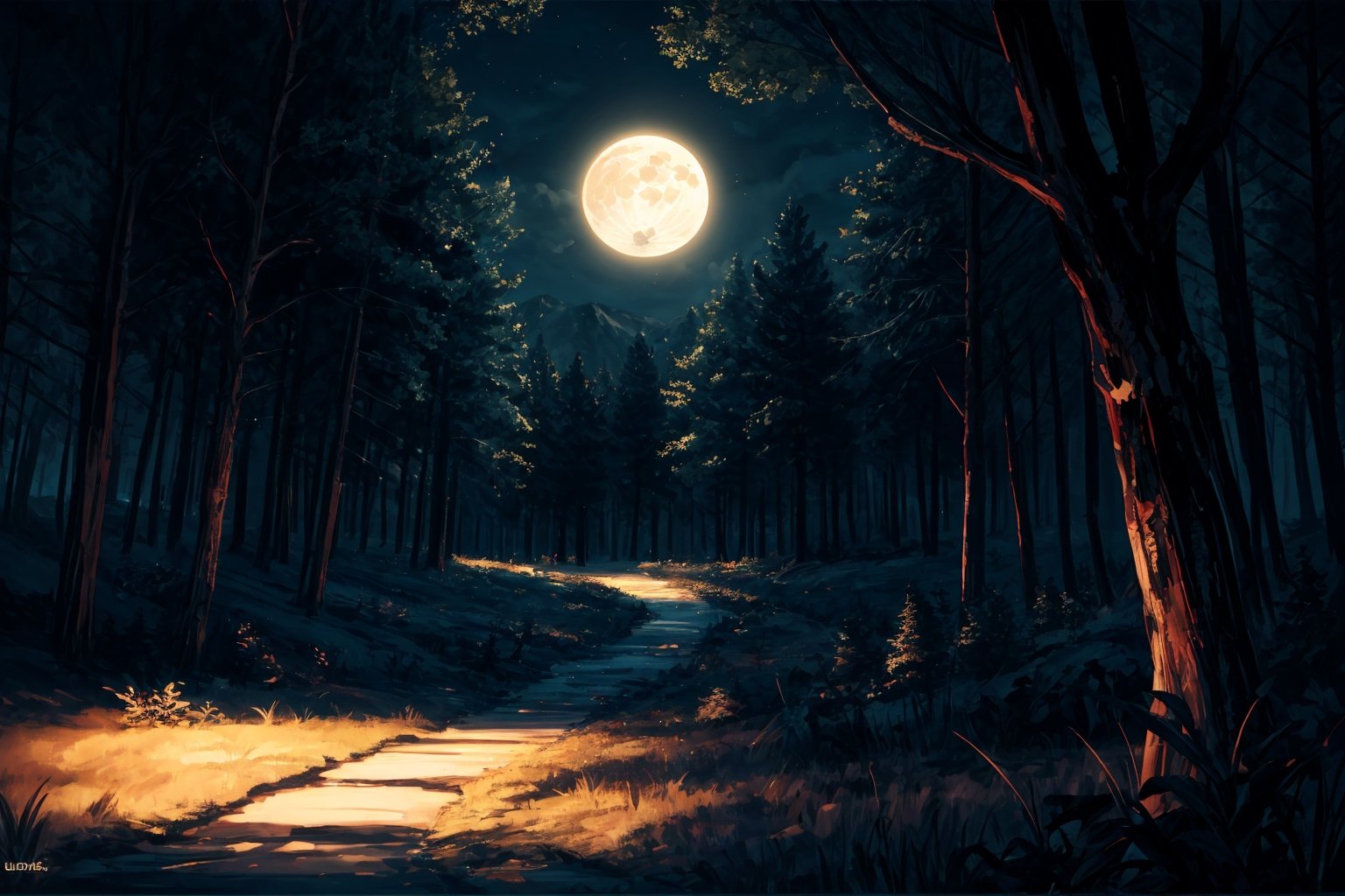 forest landscape, nighttime, nighttime, fullmoon, scenery, masterpiece, best quality, ultra-detailed, illustration, cinematic lighting, cool colors, low contrast