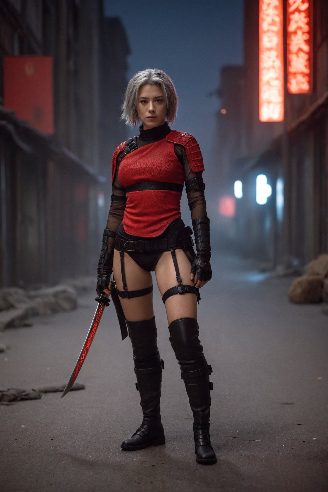 Potrait, a European female Shinobi, gray hair, cyberpunk samurai style, naked, red mesh clothes, without underwear, no pants, full body, combat status, in a battlefield, torn armor and clothing, set in Ghost city street, evening, epicdetailed, ultrasharp, style,flash shot, horor scfi, bokeh ,FLASH PHOTOGRAPHY,FilmGirl,REAL GIRL beta,concept