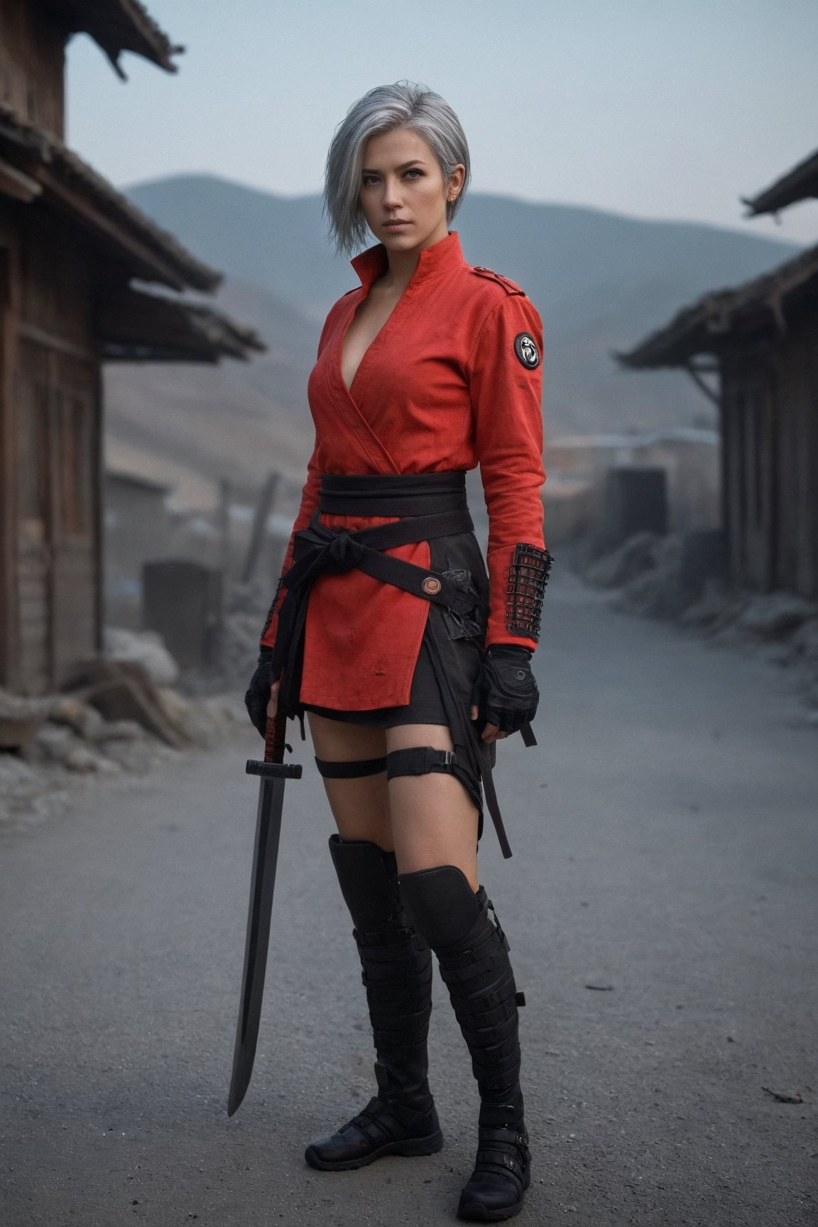 Potrait, a European female Shinobi, red clothes, gray hair, cyberpunk samurai style, naked, mesh clothes, without underwear, no pants, full body, combat status, in a battlefield, torn armor and clothing, set in Ghost town, evening, epicdetailed, ultrasharp, style,flash shot, horor scfi, bokeh ,FLASH PHOTOGRAPHY,FilmGirl,REAL GIRL beta,concept