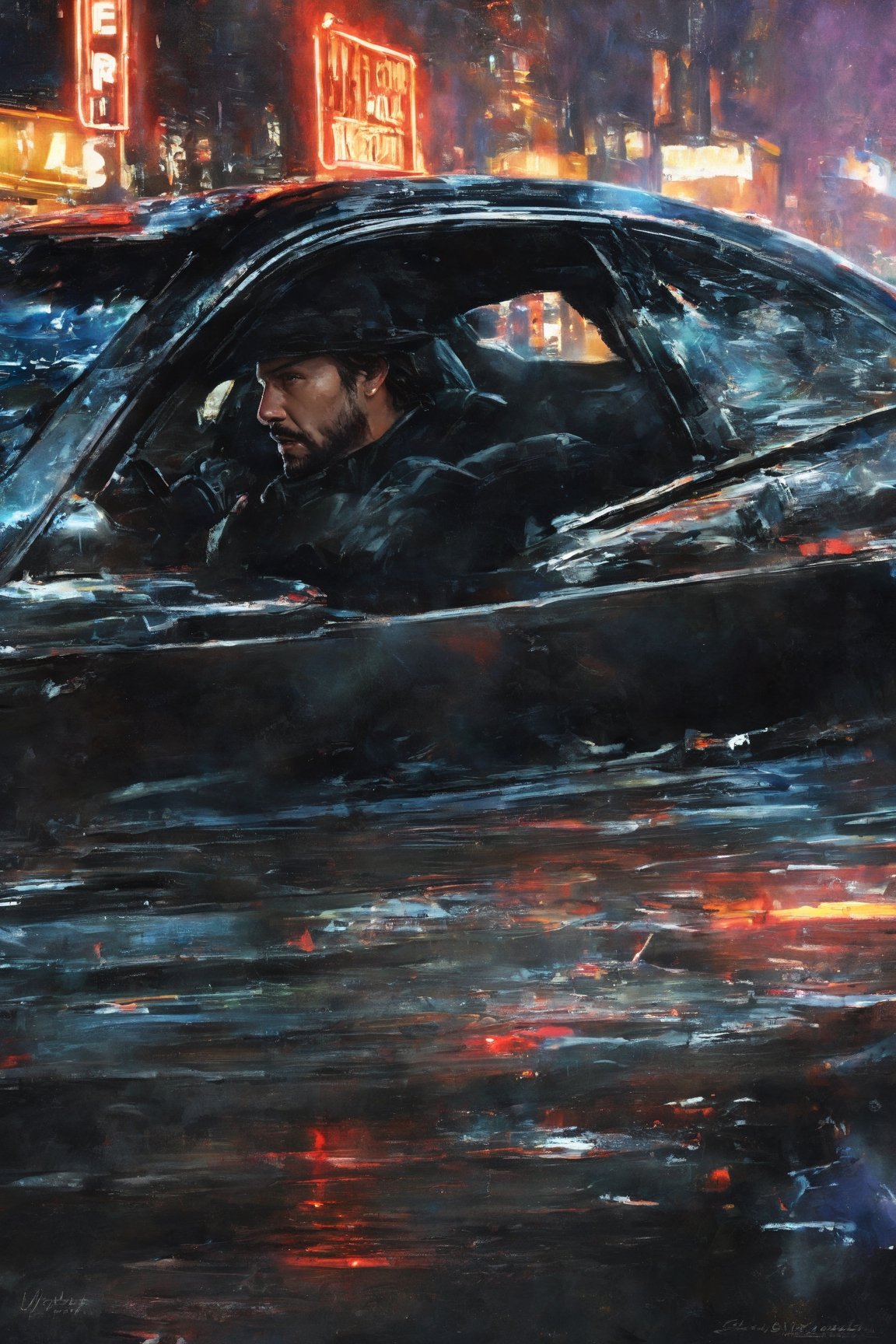 Highly detailed. John Wick Sitting in 2011 DODGE CHARGER without doors, shooting from the right driver's seat. close-up, in new york city night, close up, Thomas Kinkade