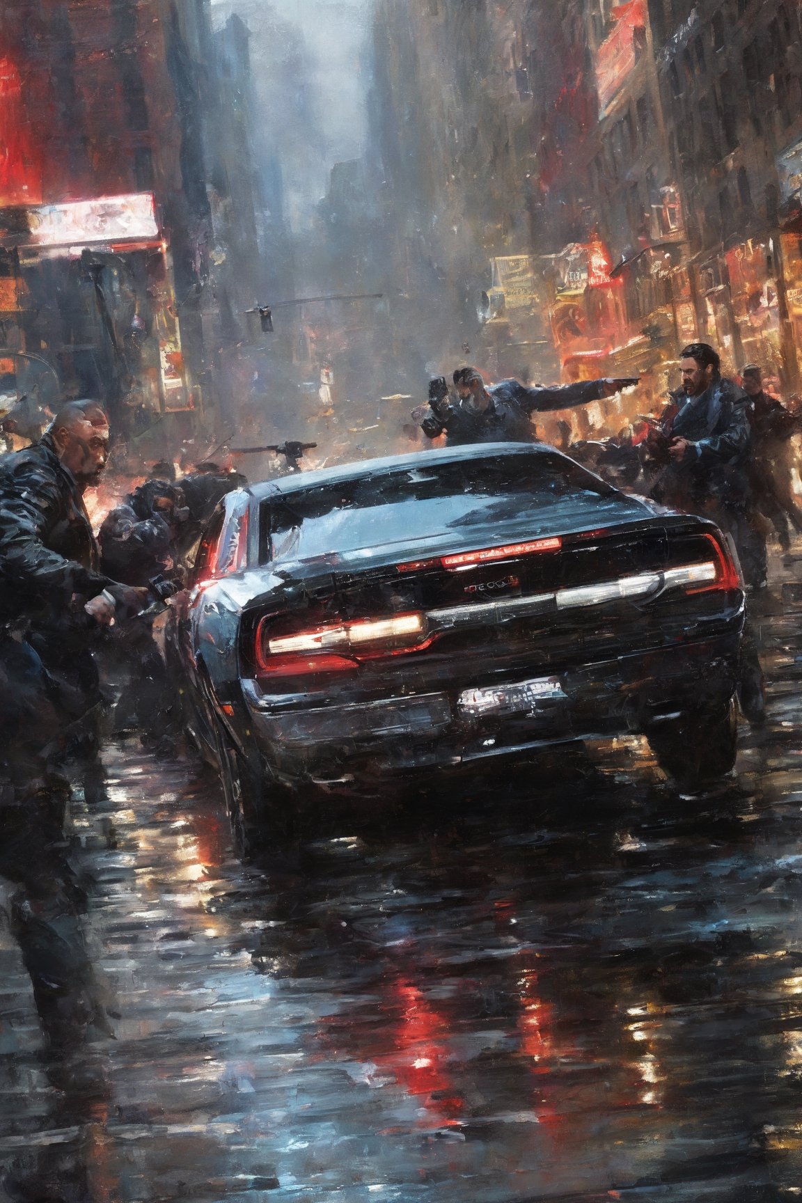 Highly detailed. John Wick fighting with 2011 DODGE CHARGER SXT in fierce combat, in new york city, close up, Thomas Kinkade