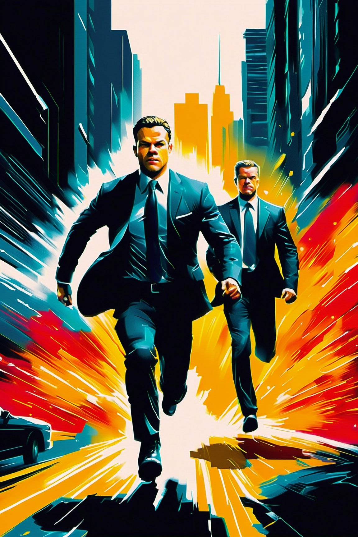 illustration of running agent jason bourne wear jeans, agent black assassin in suit chasing him, noir, marvel style, digital art