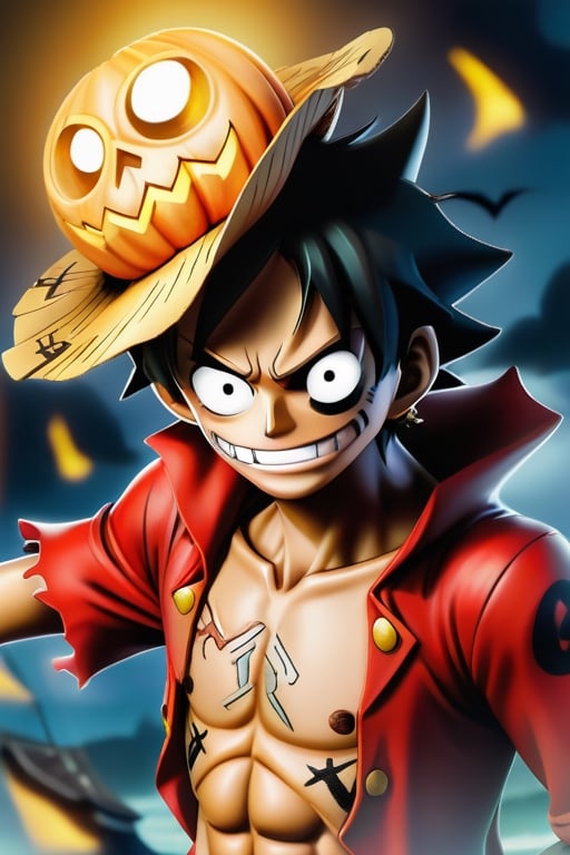 Monkey d luffy, karakter anime one piece, pendekar pedang, kapal bajak laut, illustration, high quality ,halloween