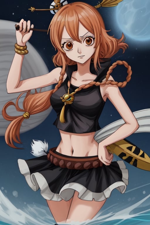 nami, karakter one piece, navigator, rambut coklat, payudara size f, croptop hitam, rok pendek hitam, kapal bajak laut, high quality, illustration,yoimiyadef,ganyu \(genshin impact\)