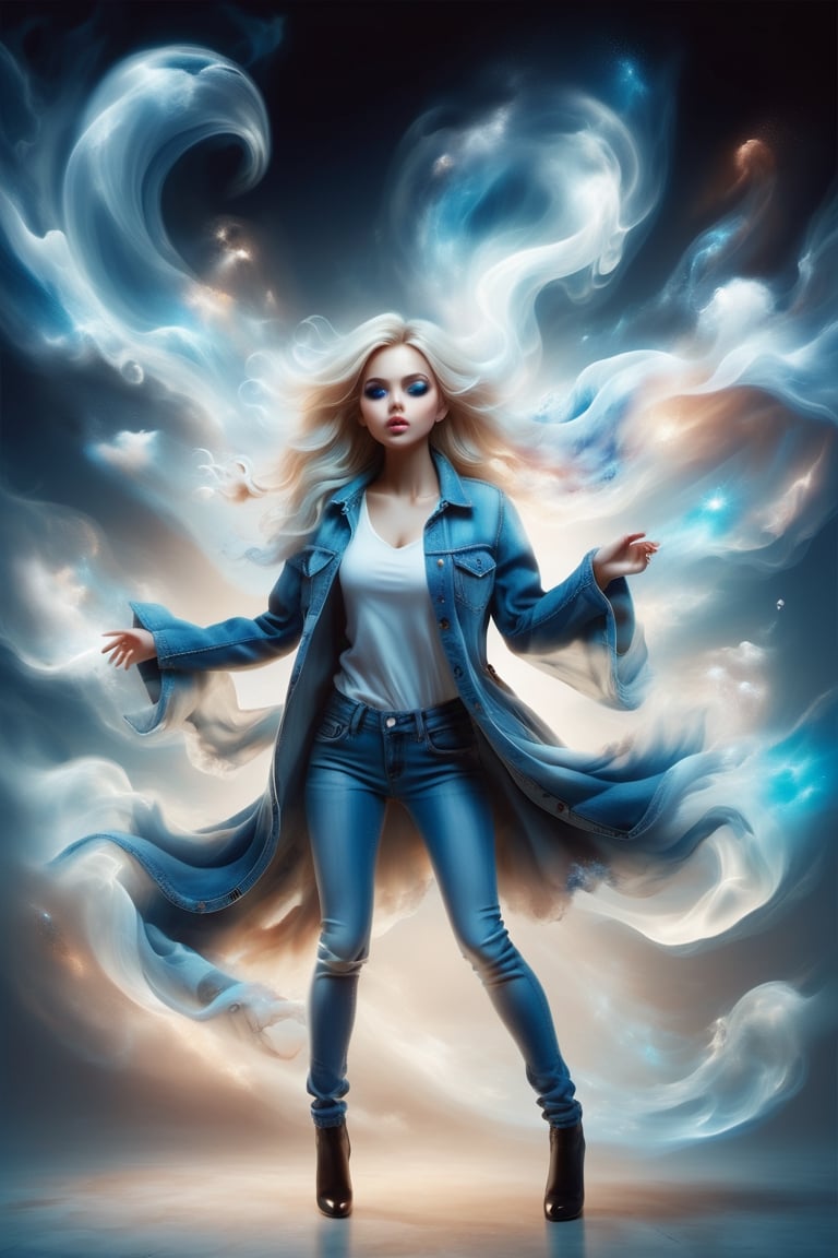 Photorealistic chibi art style,  a beautiful blonde woman in jeans and high heels,  facing the viewers pretending to be sc...