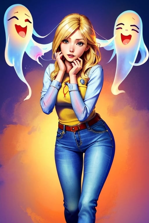Photorealistic chibi art style,  a beautiful blonde woman in jeans and high heels,  facing the viewers pretending to be sc...