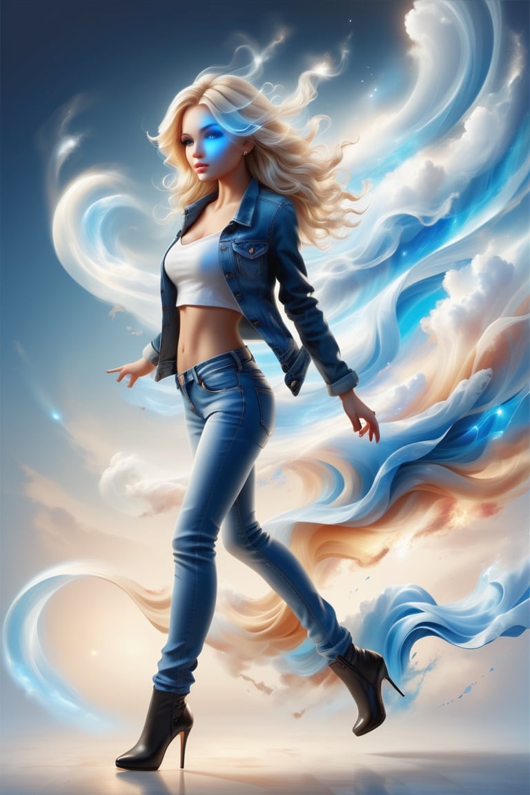 Photorealistic chibi art style,  a beautiful blonde woman in jeans and high heels,  facing the viewers by Mr. Rogers  on T...