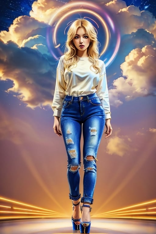 Photorealistic chibi art style,  a beautiful blonde woman in jeans and high heels,  facing the viewers pretending to be sc...