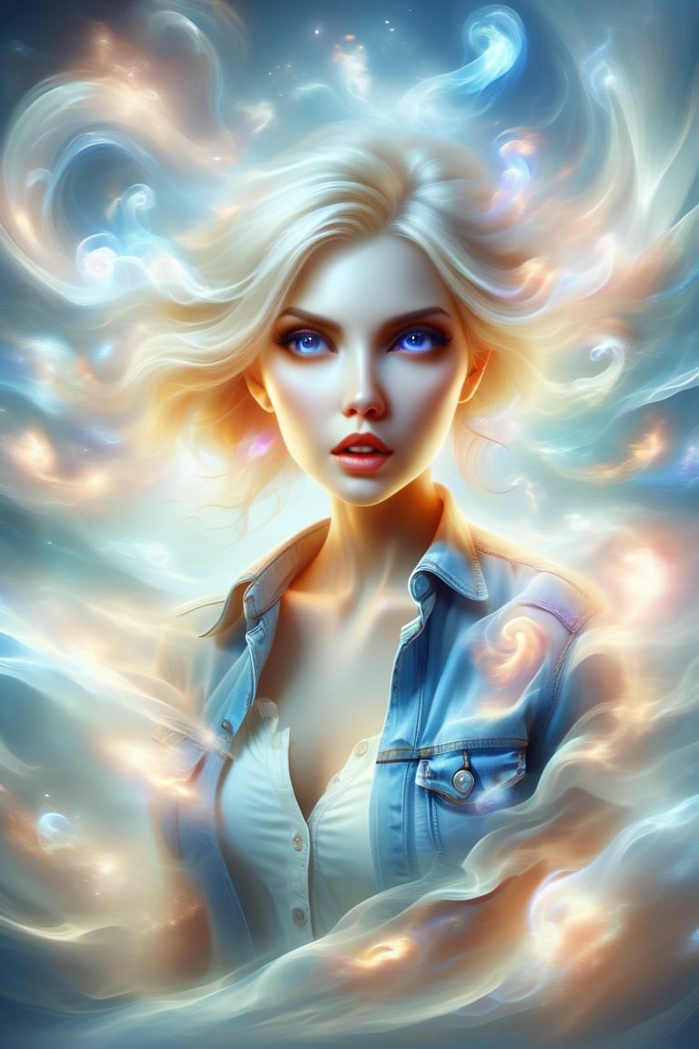 Photorealistic chibi art style,  a beautiful blonde woman in jeans and high heels,  facing the viewers pretending to be sc...