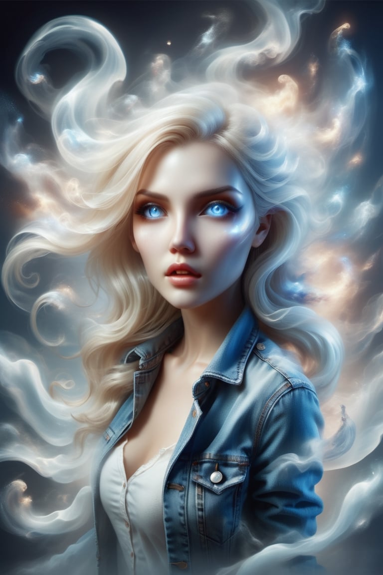 Photorealistic chibi art style,  a beautiful blonde woman in jeans and high heels,  facing the viewers pretending to be sc...