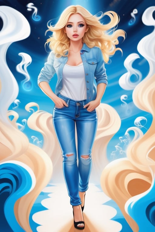 Photorealistic chibi art style,  a beautiful blonde woman in jeans and high heels,  facing the viewers pretending to be sc...