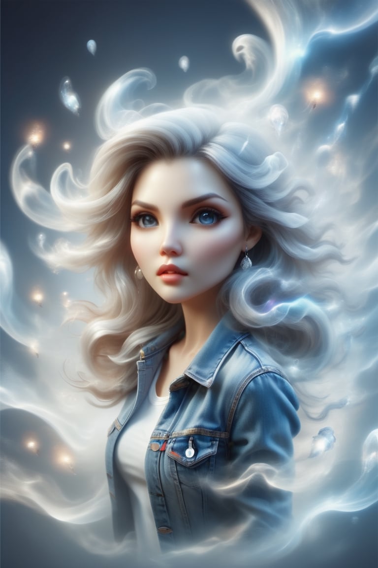 Photorealistic chibi art style,  a beautiful woman in jeans and high heels,  facing the viewers pretending to be scared by...