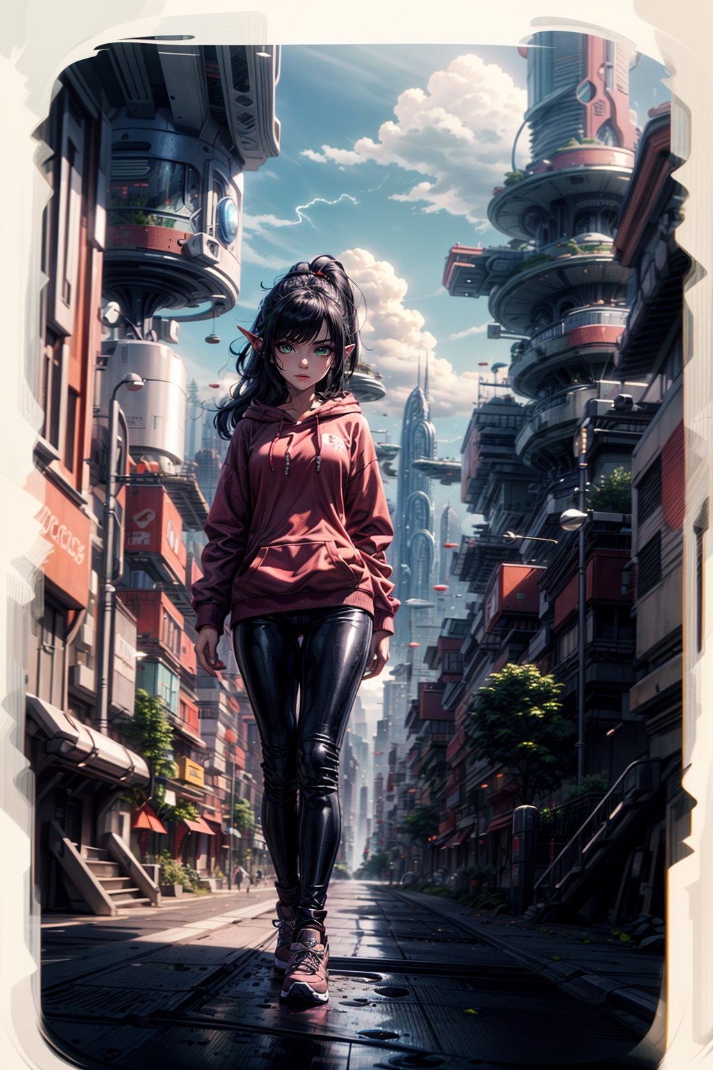 fantasy, winter, high_detalization, school_yard, 1 girl, 20_years_old, elf, breathtaking_beautiful, long_black_hair, ponytail, elfin ear, green_eyes. piercing_ears, bracelet, little_pendant_on_neck, (red_close_hoodie), (black_breeches), sneakers, cocky_attitude, wonderful_lightning,highres,retro artstyle,futuristic