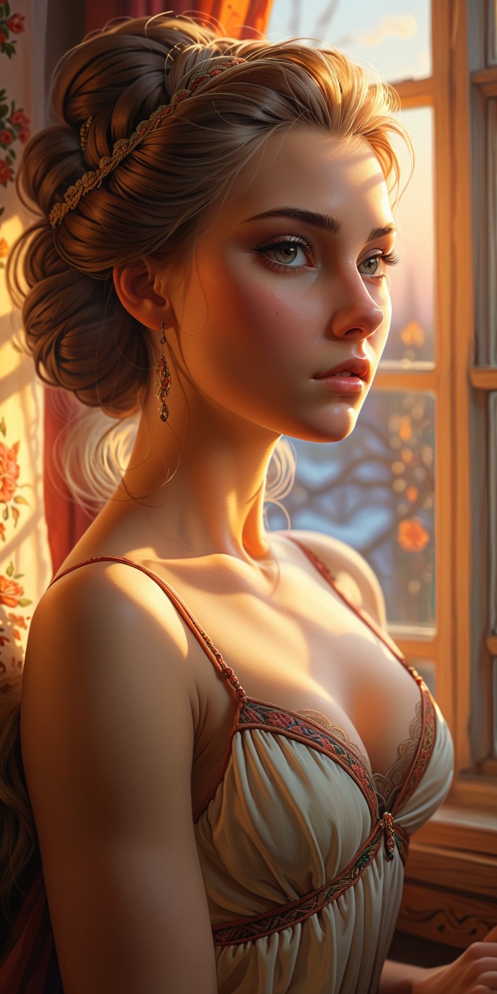 beautiful slavic woman,  sadly look at the window in her bedroom,  very detailed face by badabum27 on Tensor.Art