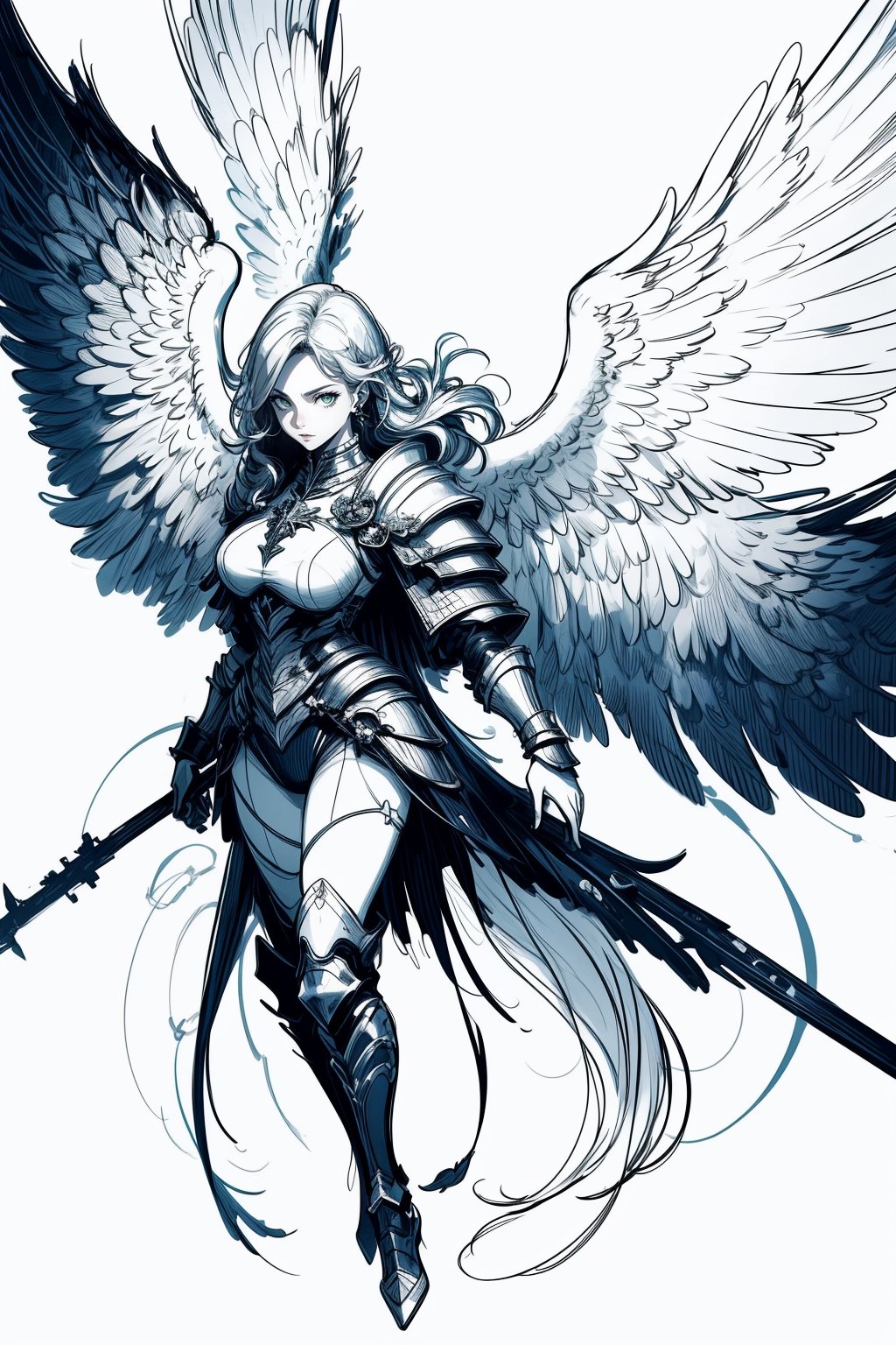 ppcp, (masterpiece, best quality, artwork), (extremely detailed 8K picture, absurdes, 8k resolution), (symmetry: 1.3), (female angel \Kayle\). six ultra detailed huge wings, fly in the air, casual clothes,fantasy background, armor,highres,1 line drawing